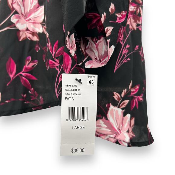 NEW BCX Black Floral Blouse Large Collared Satin Top Dark Flower Office Work - Picture 13 of 14